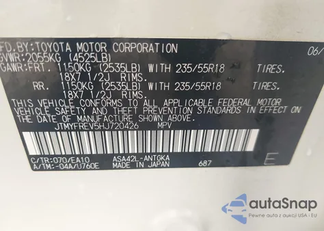 2017 Toyota Rav4 Limited z USA, uszkodzony, nr VIN JTMYFREV5HJ720426